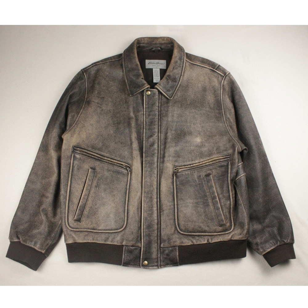 Vintage Eddie Bauer Leather Bomber Jacket Mens XL Brown Distressed Patina